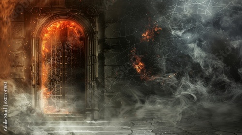 Striking visual contrast between the fiery, dark gate of hell filled with suffering souls and the peaceful, light-filled door of heaven, enveloped in cobwebs and mist