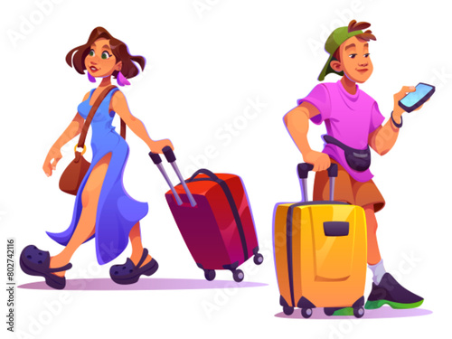 Man and woman travel with suitcase. Tourist people on vacation trip with luggage. Young character go abroad in summer holiday isolated icon set. Male passenger walk with phone and baggage design