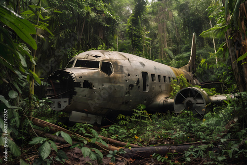 The wreck of a plane surrounded by towering trees and thick foliage, the plane's weathered fuselage and rusted metal hint at a mysterious past