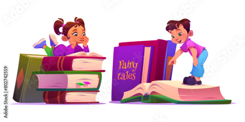 Kids reading books for school or library concept. Cartoon vector illustration set of little boy and girl laying and standing on big literature with hardcovers. Cute children study or enjoy textbooks.