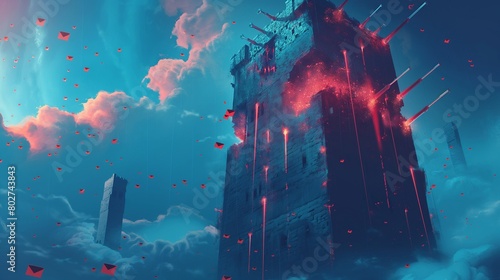 A firewall depicted as a towering, digital fortress under siege, with cannons of malware and phishing emails bombarding its defenses. 32k, full ultra hd, high resolution
