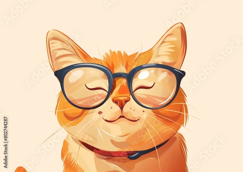 Happy Orange Tabby Cat Wearing Glasses Illustration on Beige Background