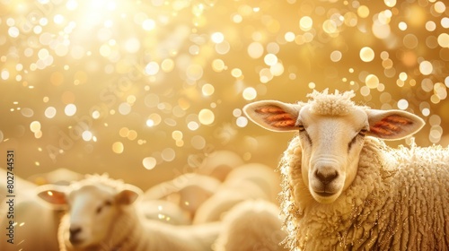 Close-up of sheep in golden field at sunset, pastoral farm scene. Eid ul-Adha with sacrificial animal, Eid ul Adha backgrounds with mosque. Eid Mubarak Islamic background template 3d illustration