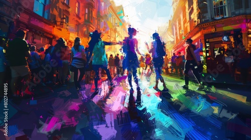 An abstract painting of people walking down a crowded street with bright colors.
