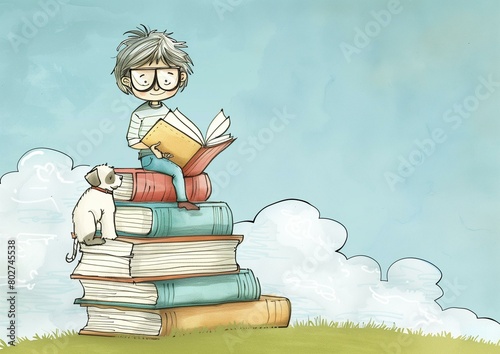 Young Child Reading Book on Stack of Giant Books with Pet Dog
