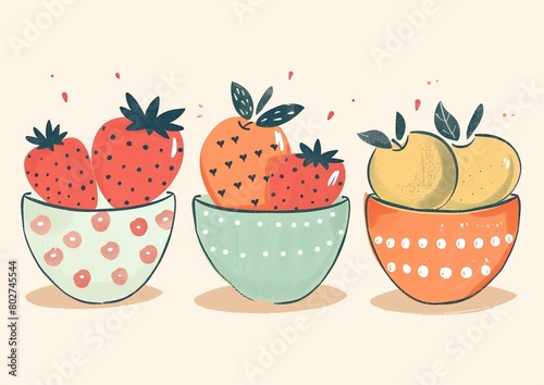 Colorful Hand-Drawn Illustration of Fruit Bowls with Strawberries and Oranges