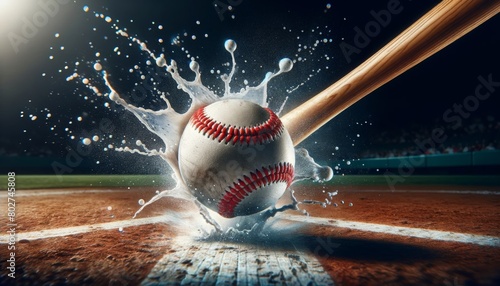 A baseball with a red and white splash as it's hit by a bat in a close-up action shot.