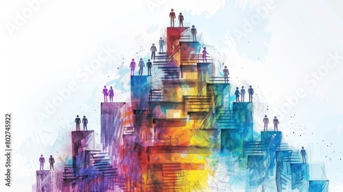watercolor painting of people climbing to the top of a mountain of blocks