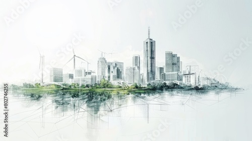 A line drawing of a city with green spaces and wind turbines.