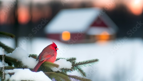 A bright red cardinal sitting atop a snow-covered pine branch, with the warm glow of an evening cottage visible in soft focus in the background.