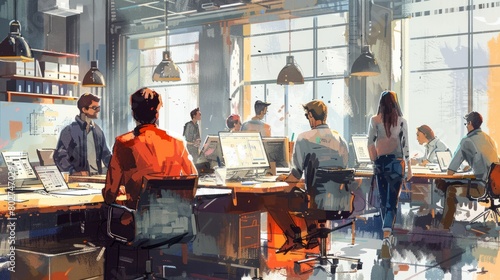 An illustration of a busy office space with people working at their desks and collaborating. The people are wearing business casual clothing and the office is decorated with plants and artwork.