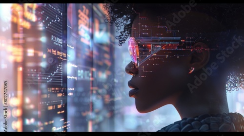 American female IT specialist analyzing data in information technology. The scene incorporates elements of augmented reality and artificial intelligence in a collage format.