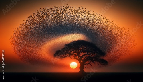 A flock of starlings creating mesmerizing shapes against the sky, with a soft-focus ancient tree silhouette against the setting sun in the background.