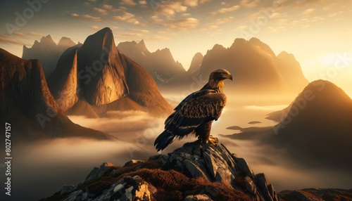 A majestic eagle perched on a rugged cliff with soft-focus mountains shrouded in mist in the background during the golden hour of sunrise.