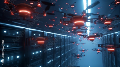 A swarm of drones carrying payloads of data bombs, descending on a virtual data center, representing an organized DDoS attack from multiple sources. 32k, full ultra hd, high resolution
