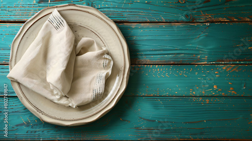Plate with napkin on color wooden background