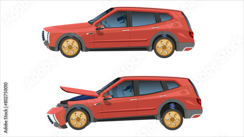 Cartoon vector or illustration of Status damage cars. Set of red car on a white background. Nomal status and Damage car front grille was damaged, causing the air bag system to deploy.