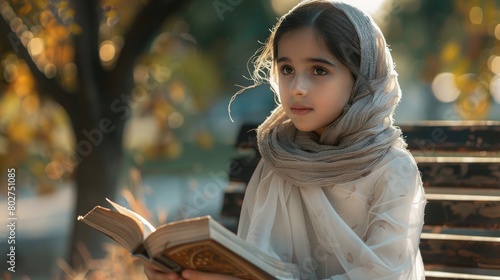A serene scene of a young girl sitting on a bench, her gaze fixed on a book, embodying the transformative power of literacy and the pursuit of knowledge on Malala Day.