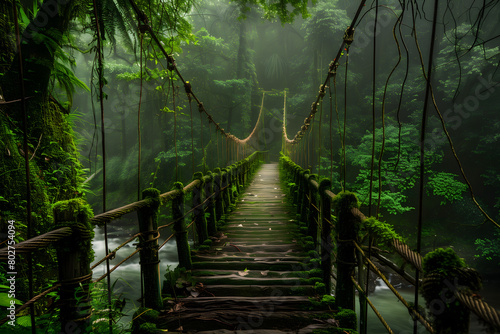 Deep within the lush jungle, a suspension bridge stretches across a roaring river, connecting the dense foliage on either side