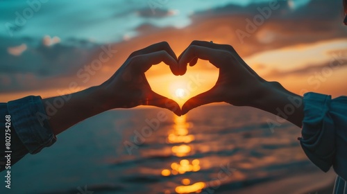 Couple forming a heart shape with their hands against a sunset, symbolizing love and connection, ideal for Valentine s Day promotions