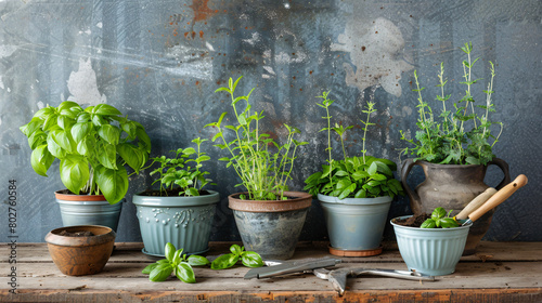 Pots with fresh aromatic herbs and gardening tools on