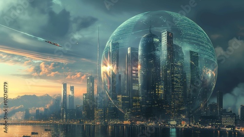 A futuristic city skyline with a protective bubble of encryption enveloping it, safeguarding the digital lives of its inhabitants from external cyber threats. 32k, full ultra hd, high resolution