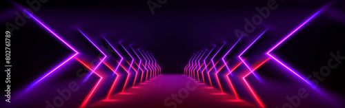 Hallway room interior with neon arrow light on walls and reflections on floor. Realistic 3d background with path and luminous lamps. Abstract futuristic bg with perspective electric glow tunnel.