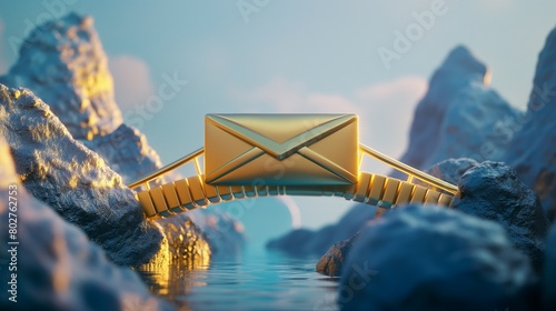 A secure email gateway visualized as a golden bridge over a chasm of spam and phishing threats, ensuring safe passage for legitimate communications. 32k, full ultra hd, high resolution
