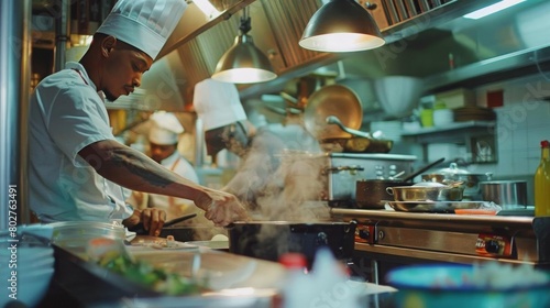 A chef in a professional kitchen is cooking over a hot stove. He is wearing a white chef's coat and hat. He is focused on his work.