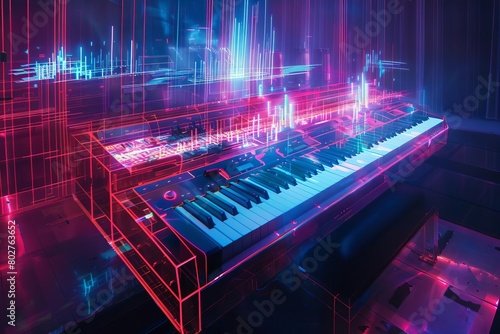 visually stunning and highly detailed image of a futuristic synthesizer
