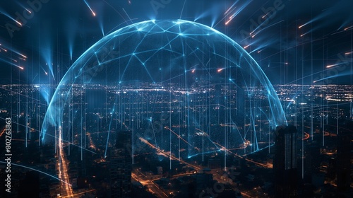 An impenetrable digital dome encasing a city's internet infrastructure, with rays of attempted cyber attacks deflecting off its surface, showcasing robust internet security. 