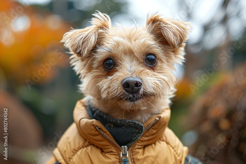 Portrait of a cute Yorkshire Terrier dog in the autumn park