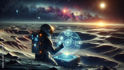 A solo astronaut mapping the surface of a newly discovered planet, with a high-tech holographic map hovering above a handheld device.