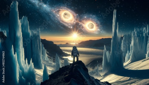 An astronaut standing on a high ridge of a distant planet, overlooking a dramatic landscape with ice spires reaching towards the sky.
