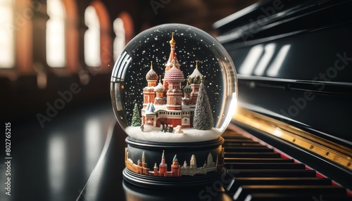 A beautifully crafted snow globe sits atop a sleek black piano surface, within it, a miniature Moscow's Red Square scene during winter.