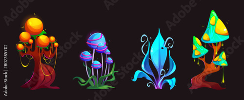 Fantasy alien mushroom. Magic plant cartoon forest set. Fairy tale nature clipart. Fantastic flower and fungus design for wonderland landscape. Psychedelic flora for unusual colorful planet for game