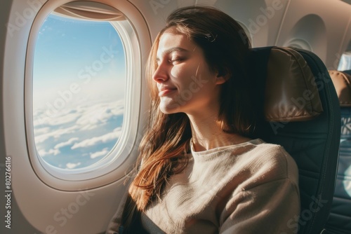 Young woman traveling by plane looking out the window.