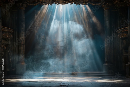 Theater stage with smoke and rays of light, rendering
