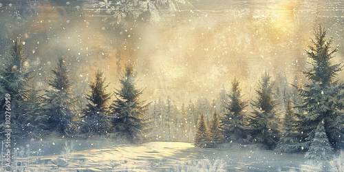Winter landscape with snow and fir trees as vintage christmas wallpaper 