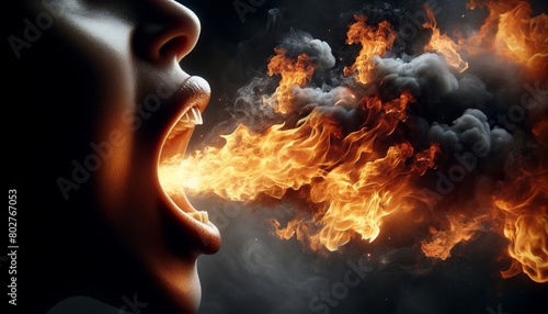 An open mouth spewing flames and smoke in a close-up, capturing the intensity of fire.