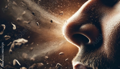 A nose from which a gust of wind is blowing out dust and debris, captured in a dramatic close-up.