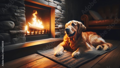 A golden retriever lying beside a fireplace, enjoying the warmth.