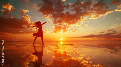 silhouette of a person in the sunset, Carefree moments of joy, unique ways that people break out in dances of delight, Silhouette of a joyful woman dancing on the beach, 