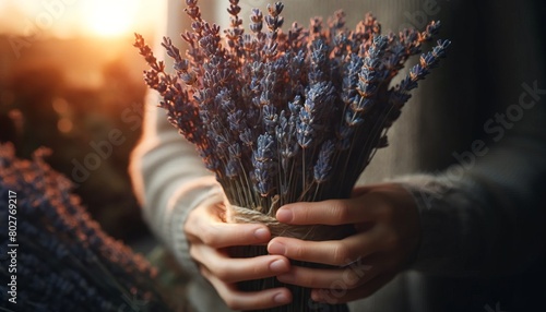 A close-up of a person holding a bunch of dried lavender, matching the rustic feel.