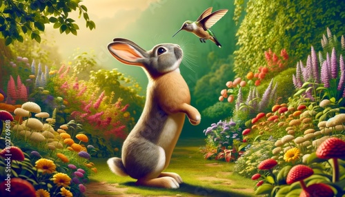 A detailed image of a rabbit stretching upwards to sniff a hovering hummingbird.