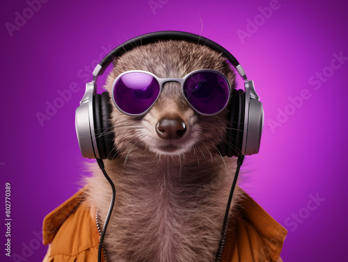 A raccoon wearing headphones and sunglasses