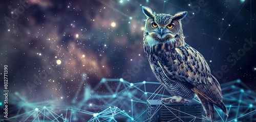 A digital owl, symbolizing wisdom and vigilance in cyber security, perched atop a data node, its eyes scanning the vast cyberspace for threats, set against the backdrop of a starry digital night.