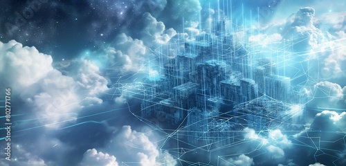 A fortress constructed entirely from digital code, hovering above a cloud network, symbolizing impenetrable data security against a backdrop of cyber space. 32k, full ultra hd, high resolution