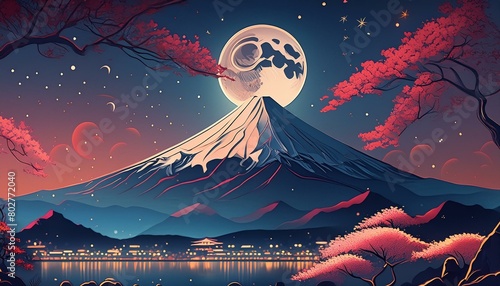 満月に照らされた富士山と木々