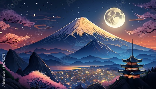 満月と桜と綺麗な富士山